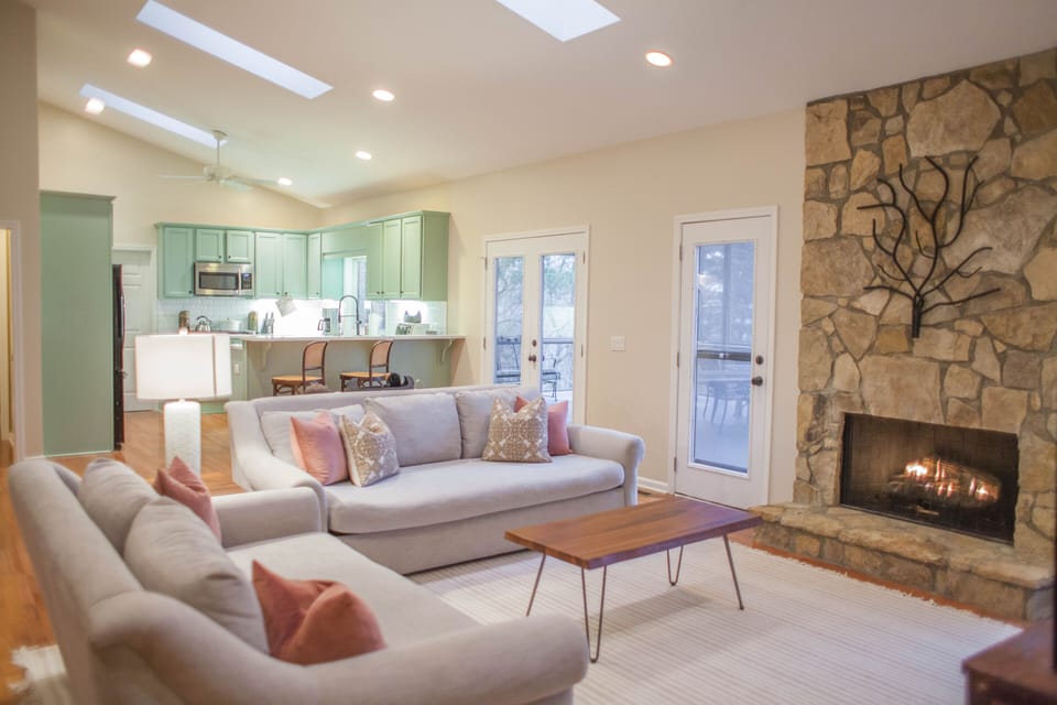 Kitchen and living room with gas fireplace 