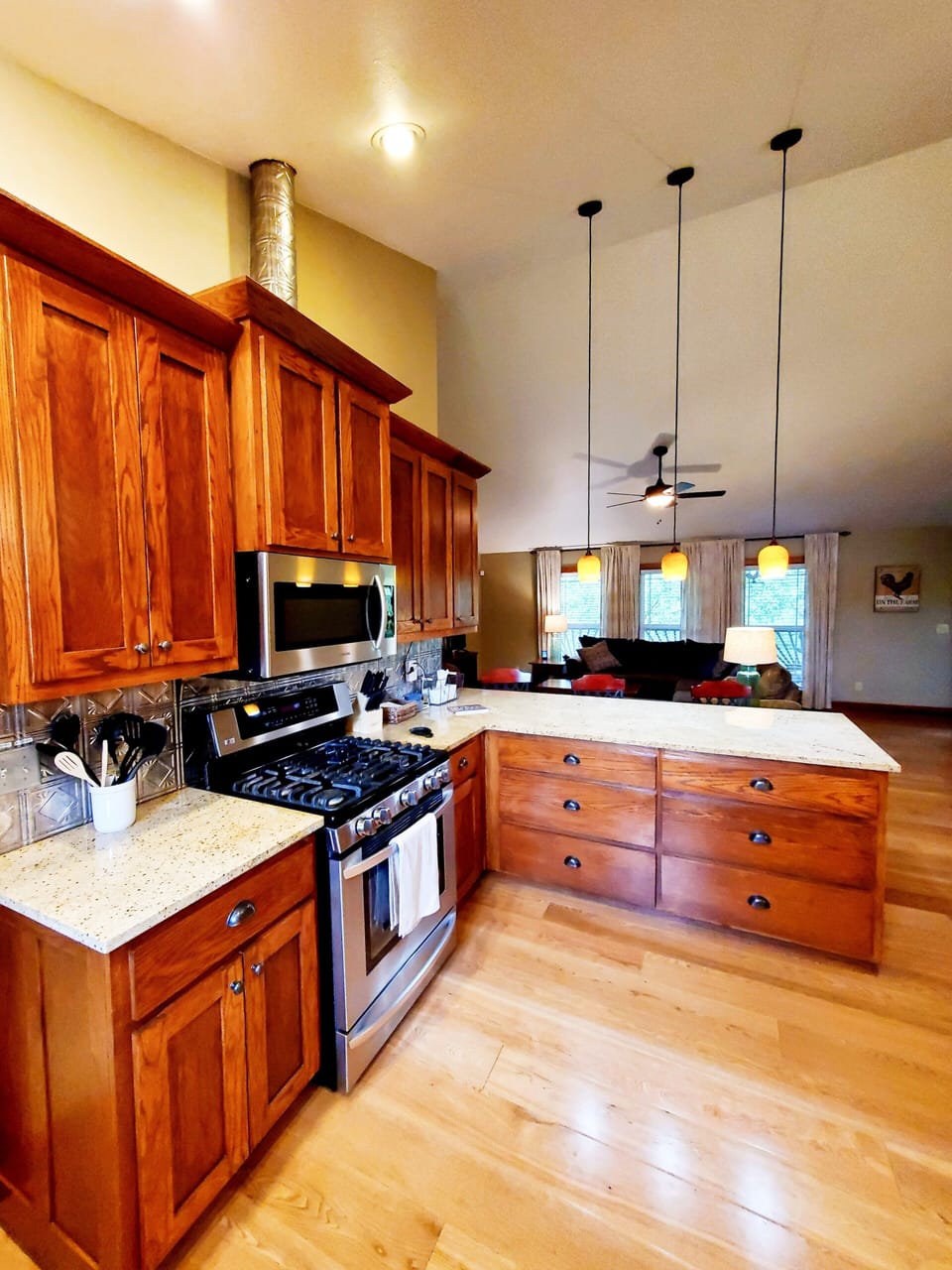 Gas range and built in microwave. 