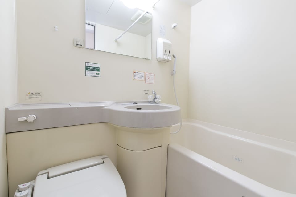Combined shower/tub, free toiletries, hair dryer, slippers