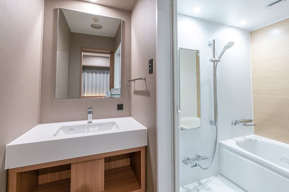 Combined shower/tub, hair dryer, electronic bidet, towels
