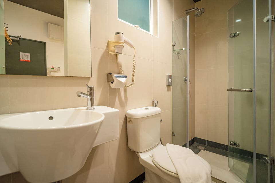 Shower, free toiletries, bidet, towels