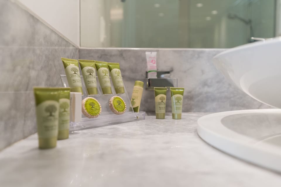 Economy Double Room (Internal Courtyard view) | Bathroom | Eco-friendly toiletries, slippers