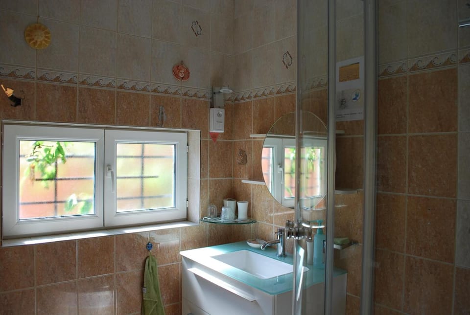 Shower, hair dryer, bathrobes, slippers