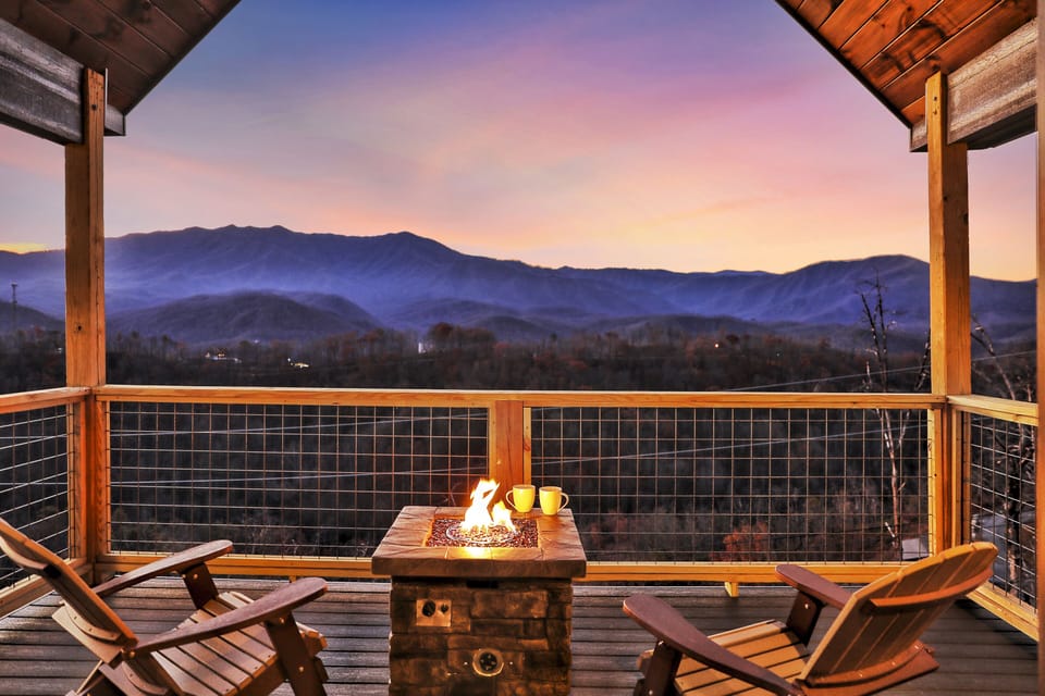 Private deck with a fire pit and a view of Mt. LeConte!