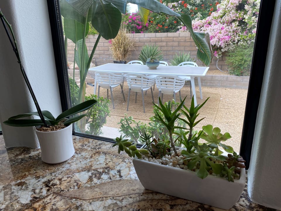 View of outdoor dining  as seen from kitchen  for entertaining with lighting!