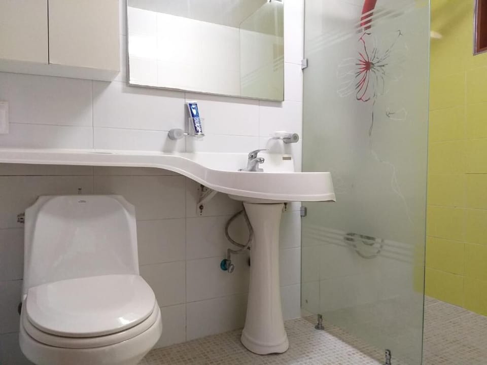 Shower, free toiletries, hair dryer, towels