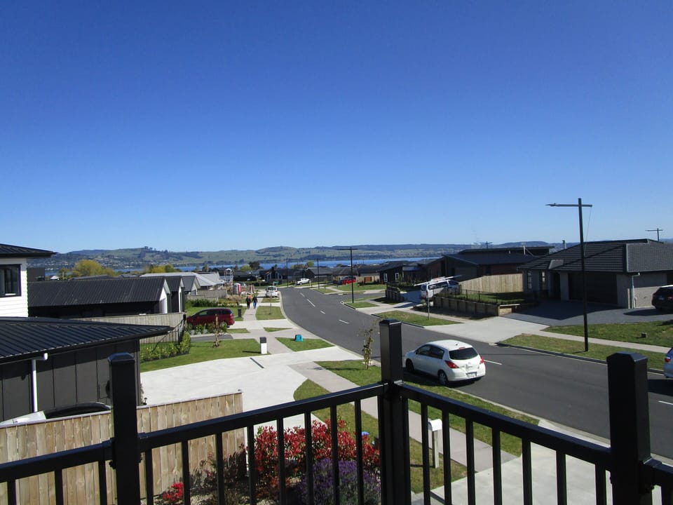 View from the deck looking up the road to our Great Lake Taupo.