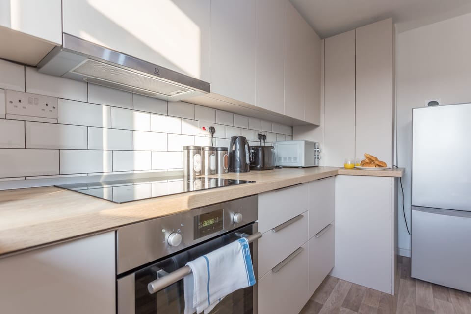 Deluxe Apartment | Private kitchen | Full-size fridge, microwave, oven, stovetop