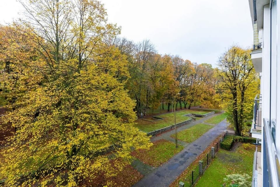  A scenic view from the balcony, highlighting the trees and peaceful surroundings of the apartment complex.