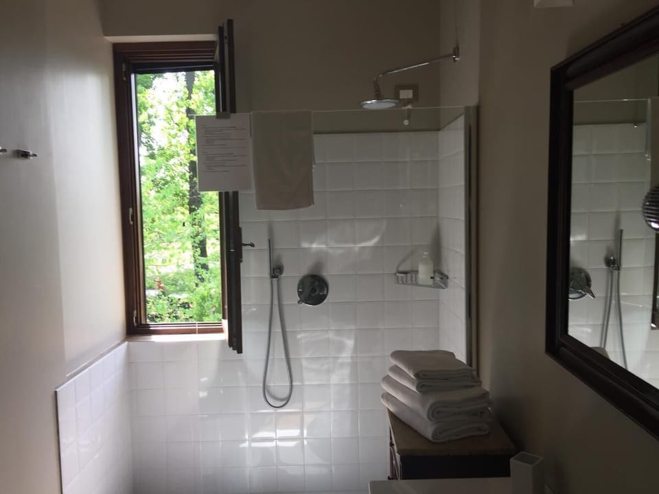 Shower, rainfall showerhead, hair dryer, towels