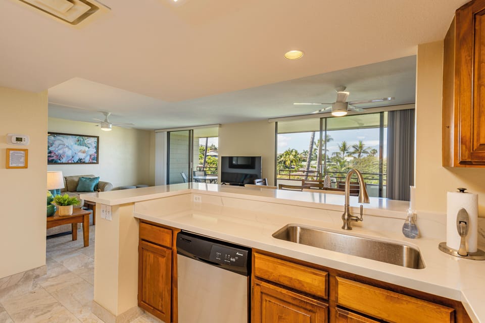 Look out to your tropical paradise from the kitchen