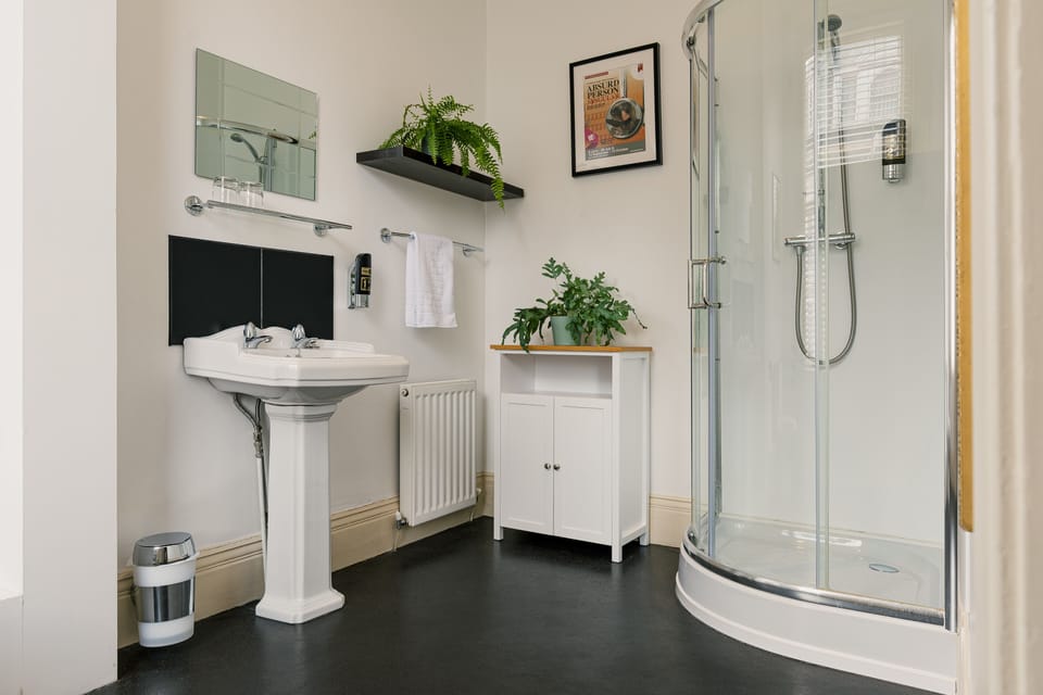 Shower, free toiletries, hair dryer, towels