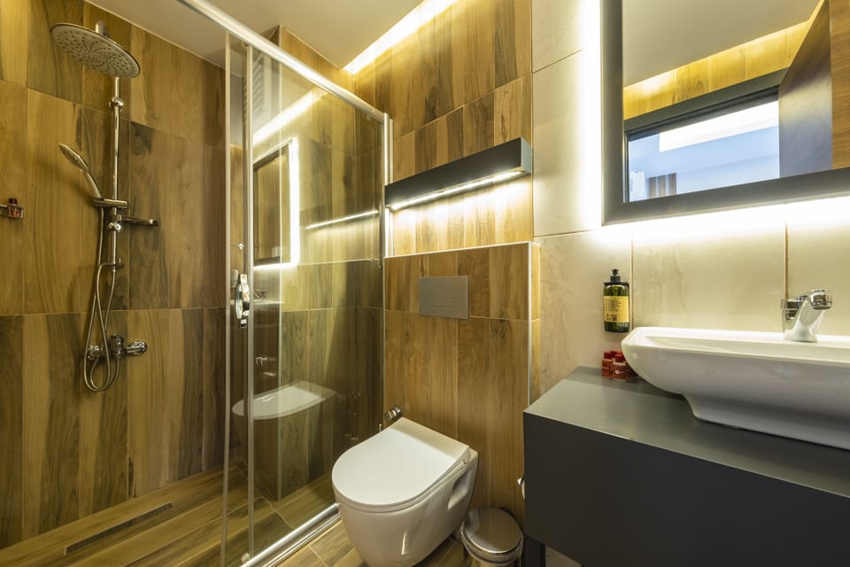 Shower, rainfall showerhead, designer toiletries, hair dryer