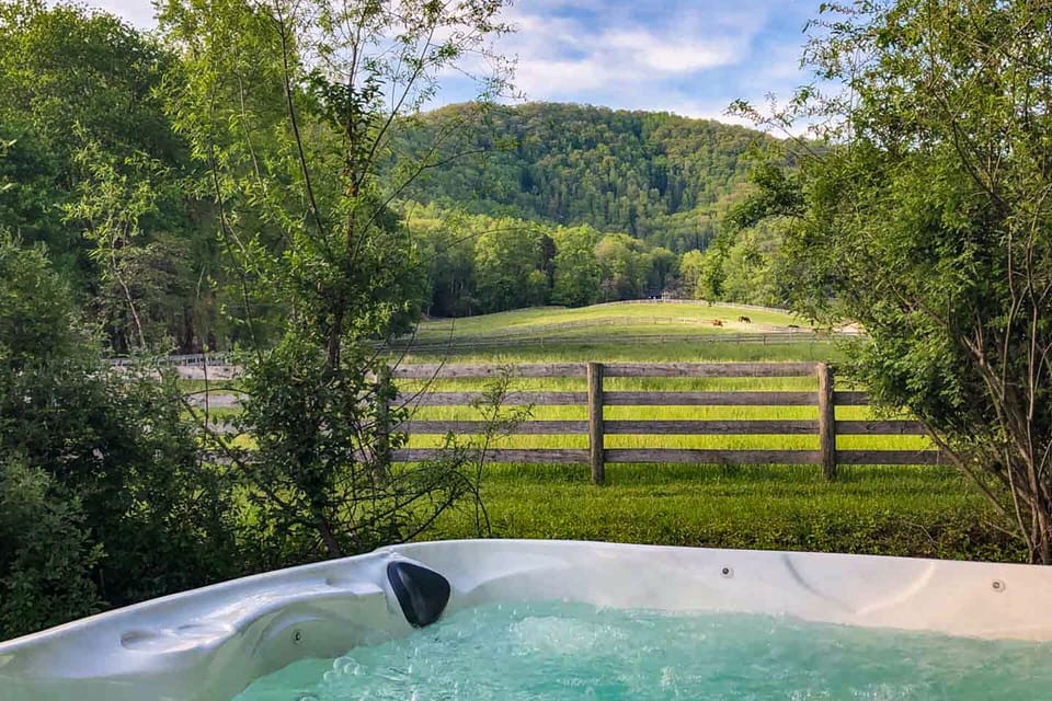 watch horses grazing in a pasture while soaking in a hot tub