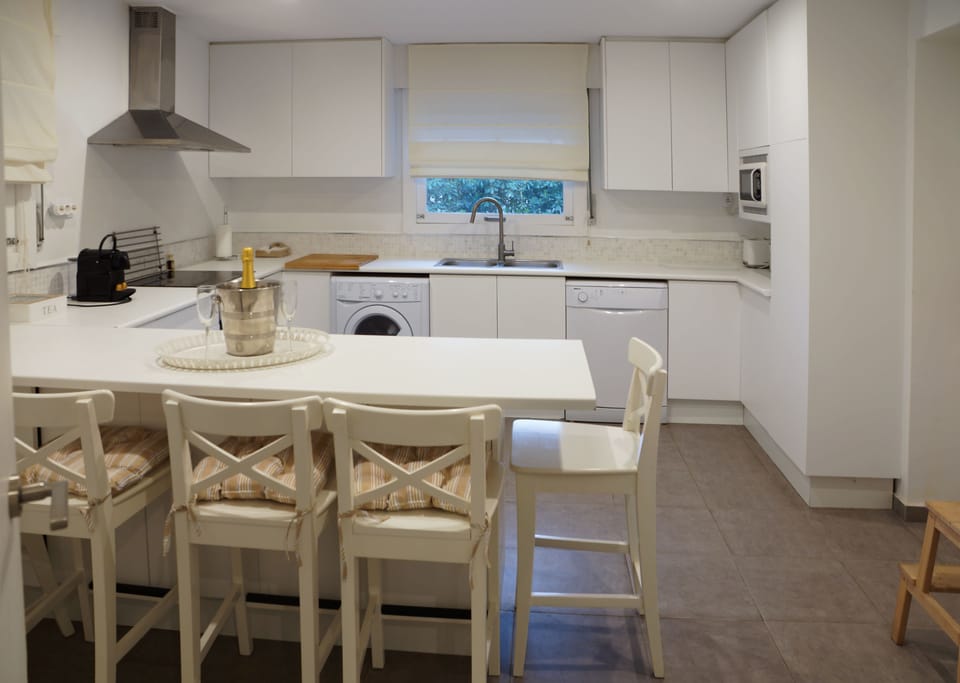Full-size fridge, oven, stovetop, dishwasher