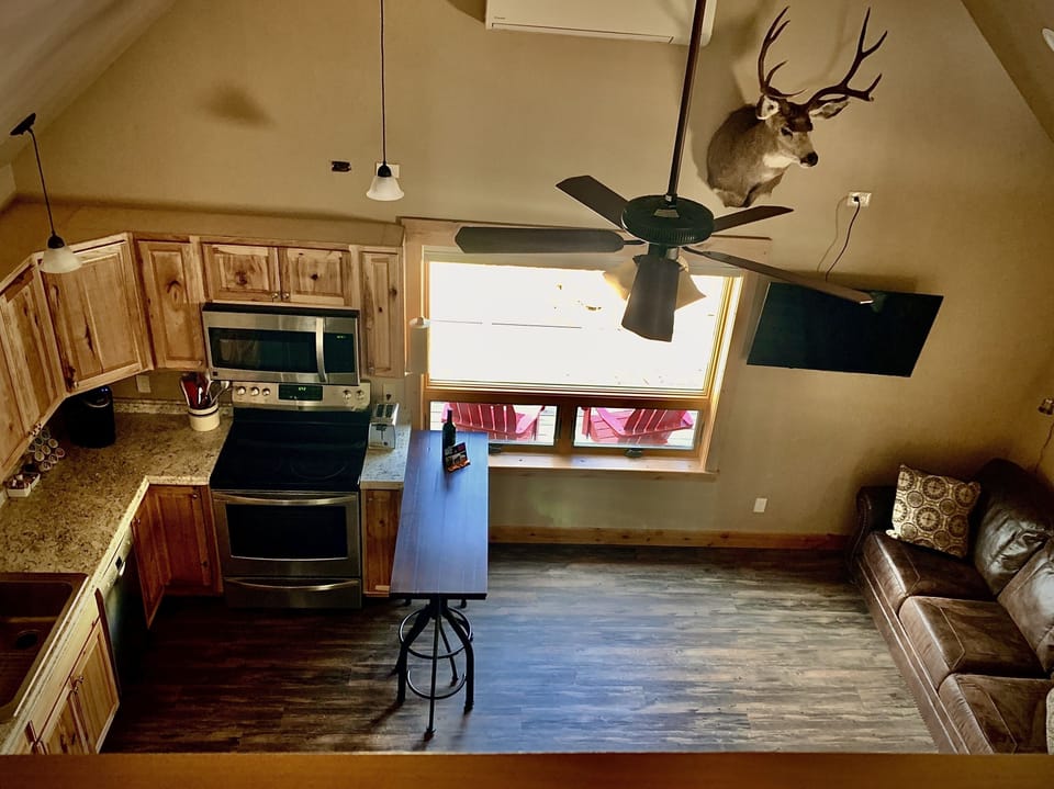 View of the living room and kitchen from the lofted bedroom