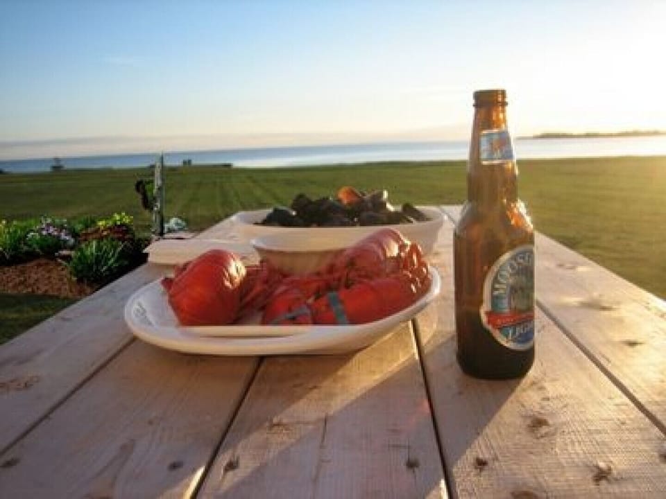 Lobster and mussels on the deck.