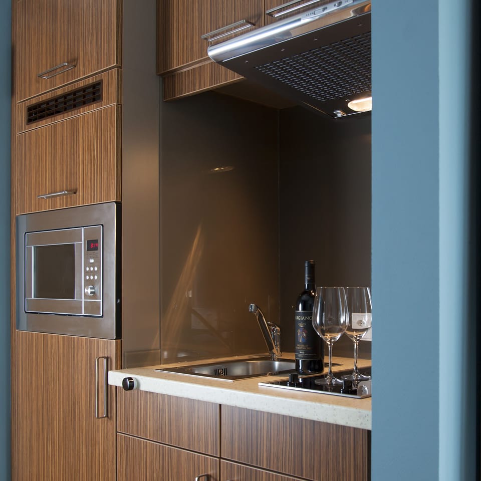 Fridge, microwave, stovetop, electric kettle