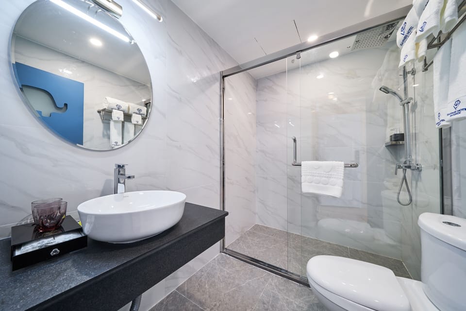 Shower, rainfall showerhead, hair dryer, bathrobes