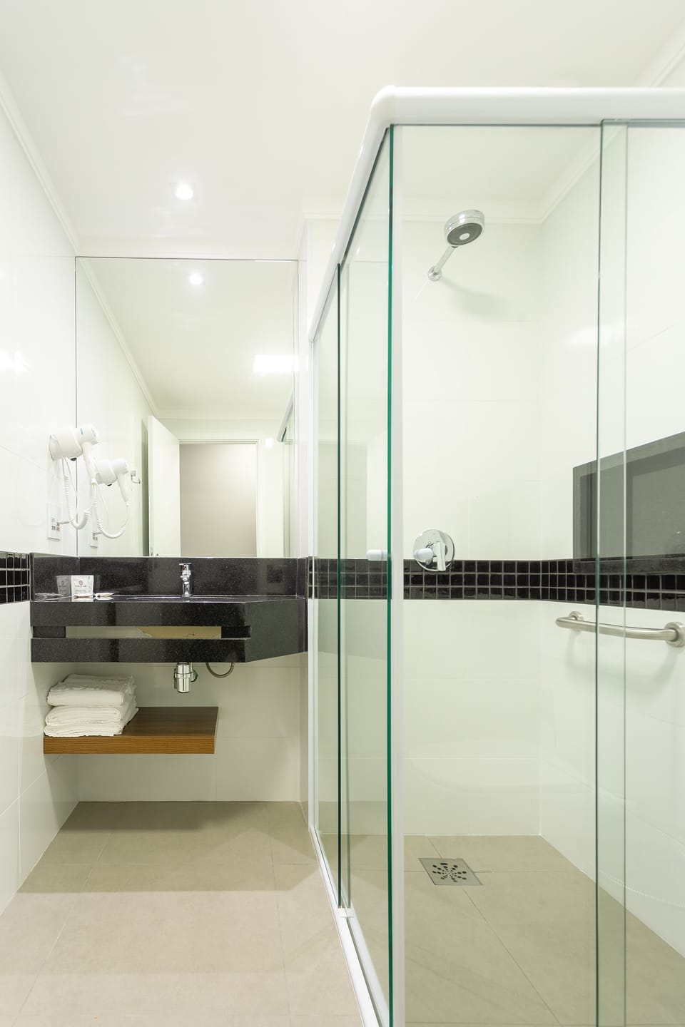 Shower, free toiletries, hair dryer, towels