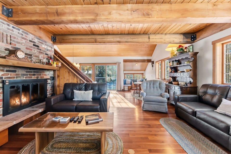 Living room: Wood-burning fireplace, Smart TV, forced heat, no A/C