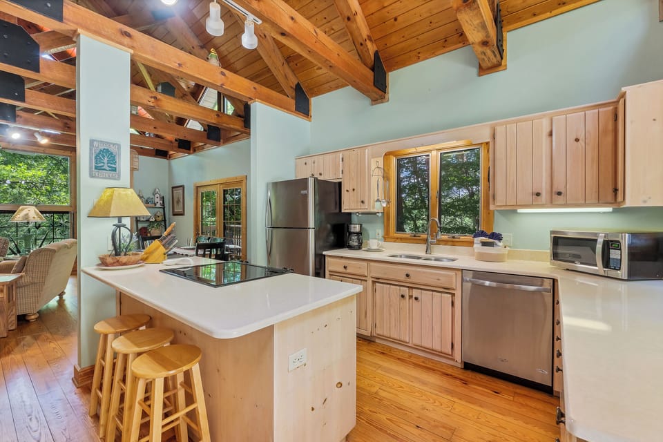Entering into the Tree House cabin to the kitchen.