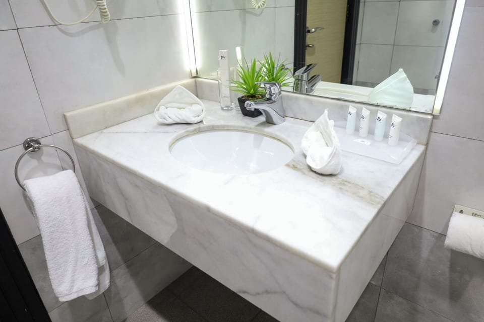 Separate tub and shower, rainfall showerhead, free toiletries