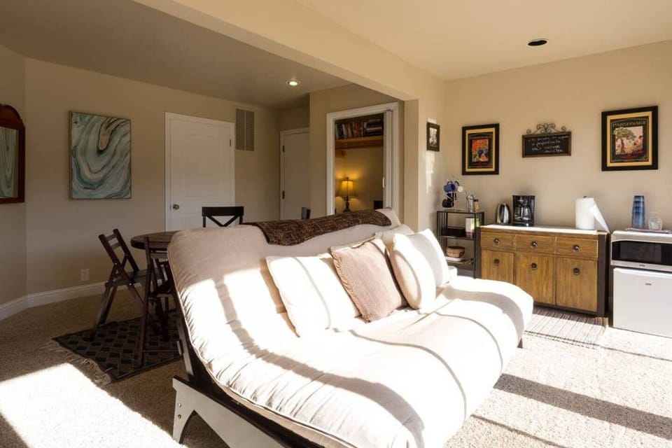 Queen futon with memory foam topper in living room. 