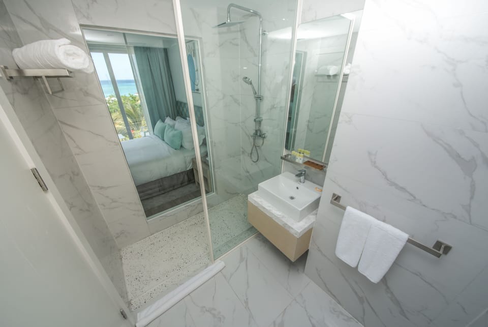 Shower, rainfall showerhead, designer toiletries, hair dryer