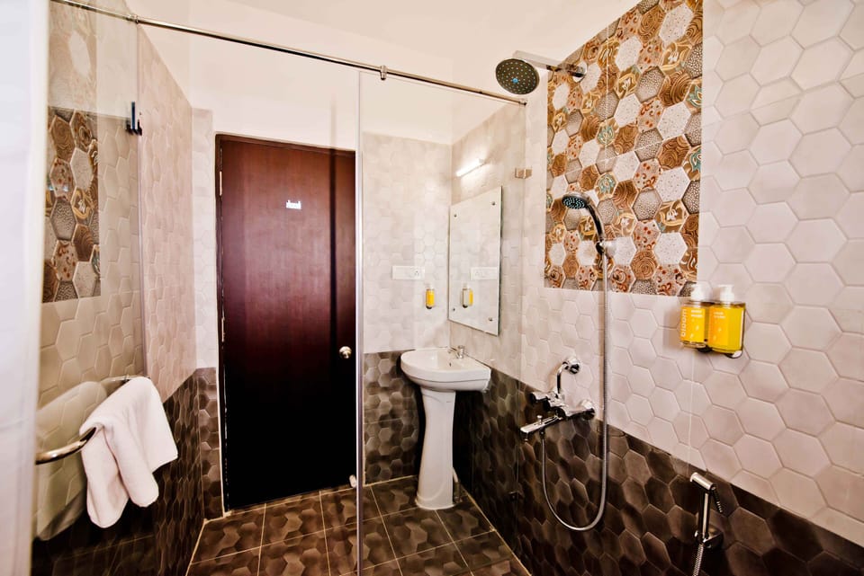 Shower, free toiletries, hair dryer, towels