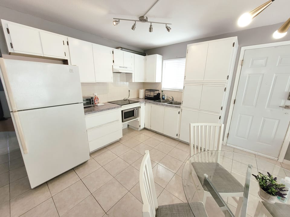 Kitchen with induction cooktop.