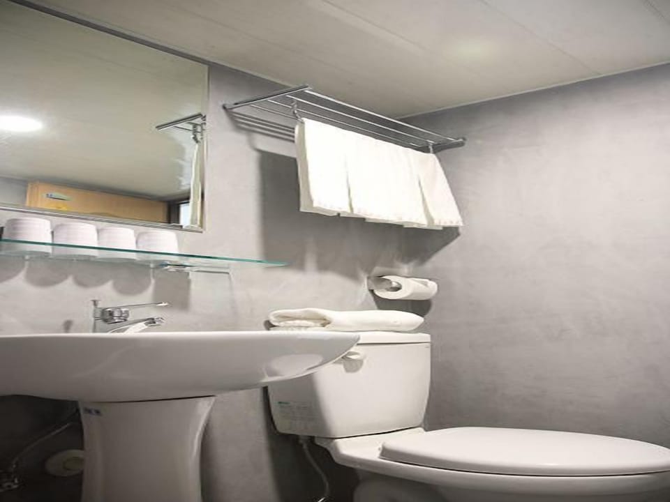 Shower, rainfall showerhead, free toiletries, hair dryer