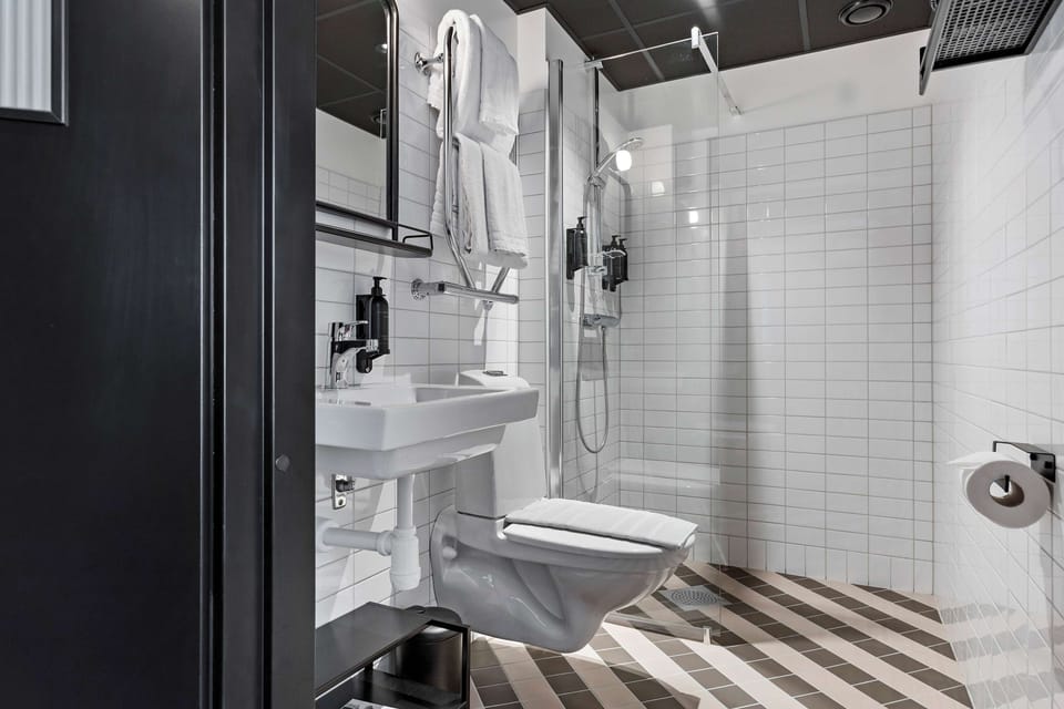 Hair dryer, towels, soap, shampoo