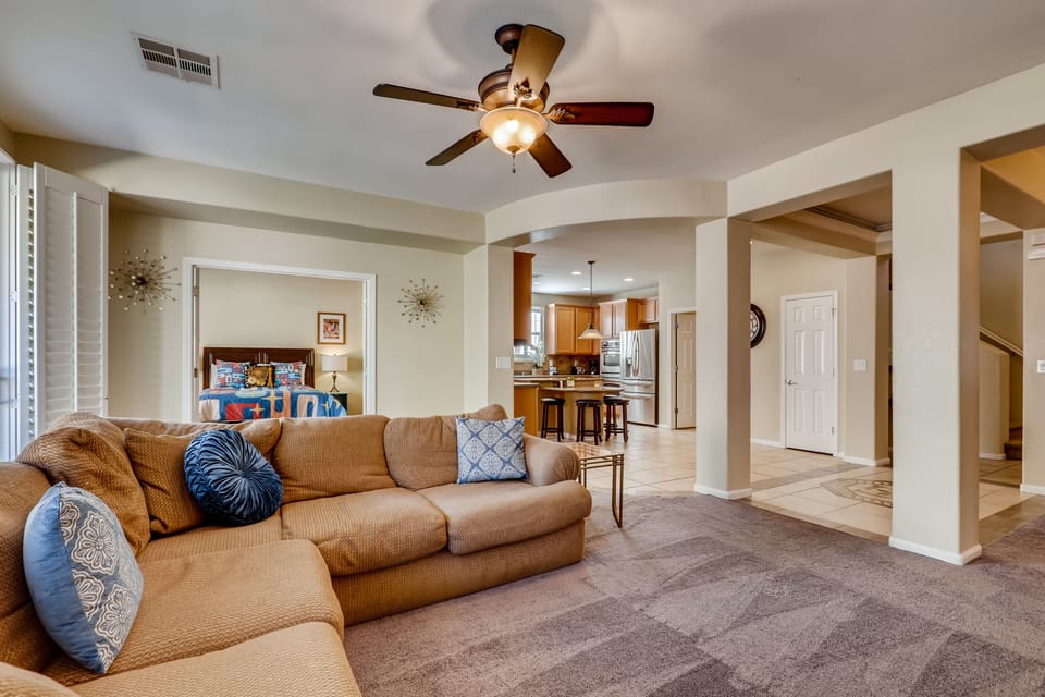 Living Room from fireplace.  Retro Room to the left and Kitchen straight ahead.