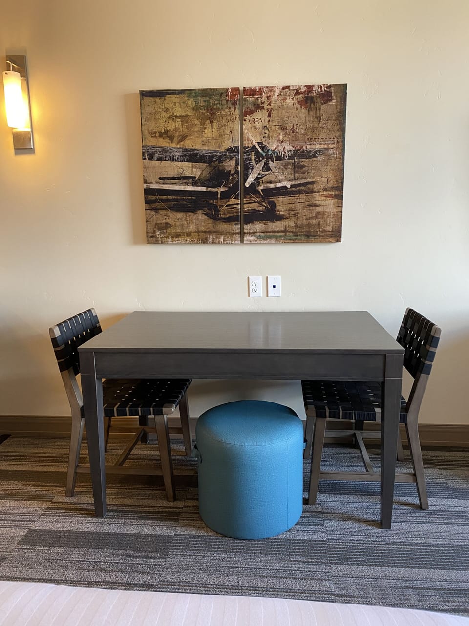 Desk, laptop workspace, blackout drapes, iron/ironing board