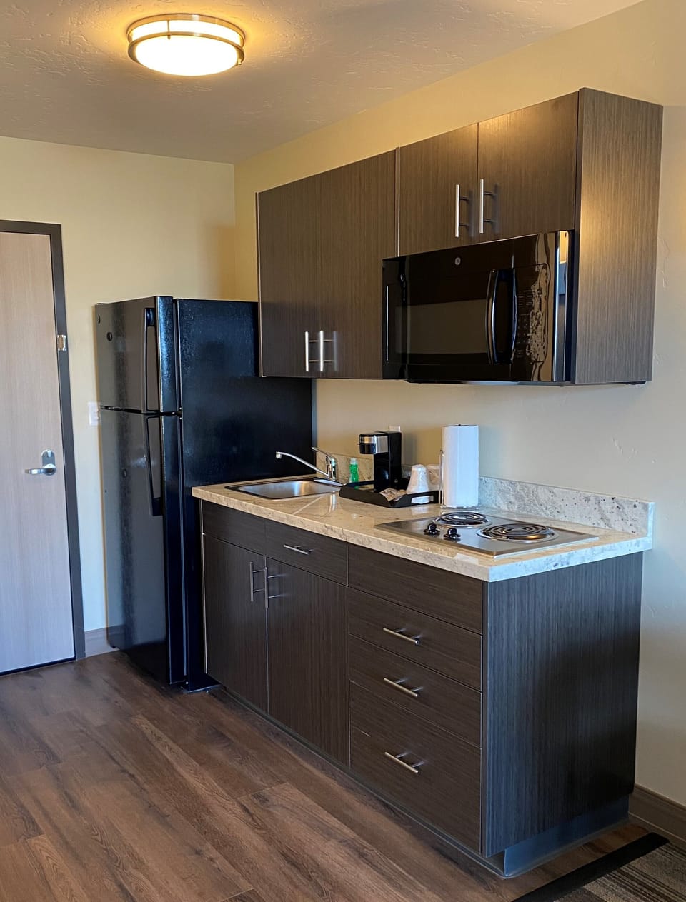 Full-size fridge, microwave, stovetop, coffee/tea maker