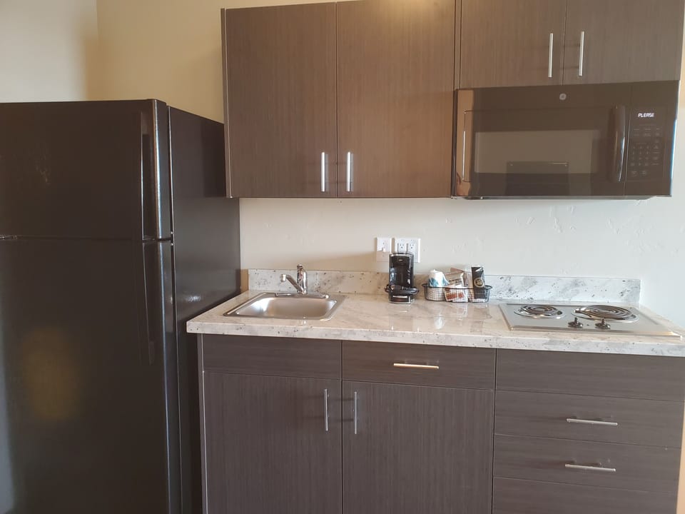 Full-size fridge, microwave, stovetop, coffee/tea maker
