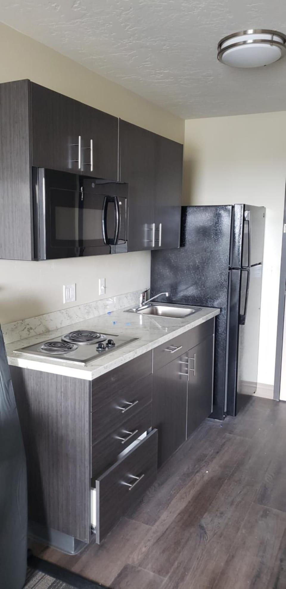 Full-size fridge, microwave, stovetop, coffee/tea maker