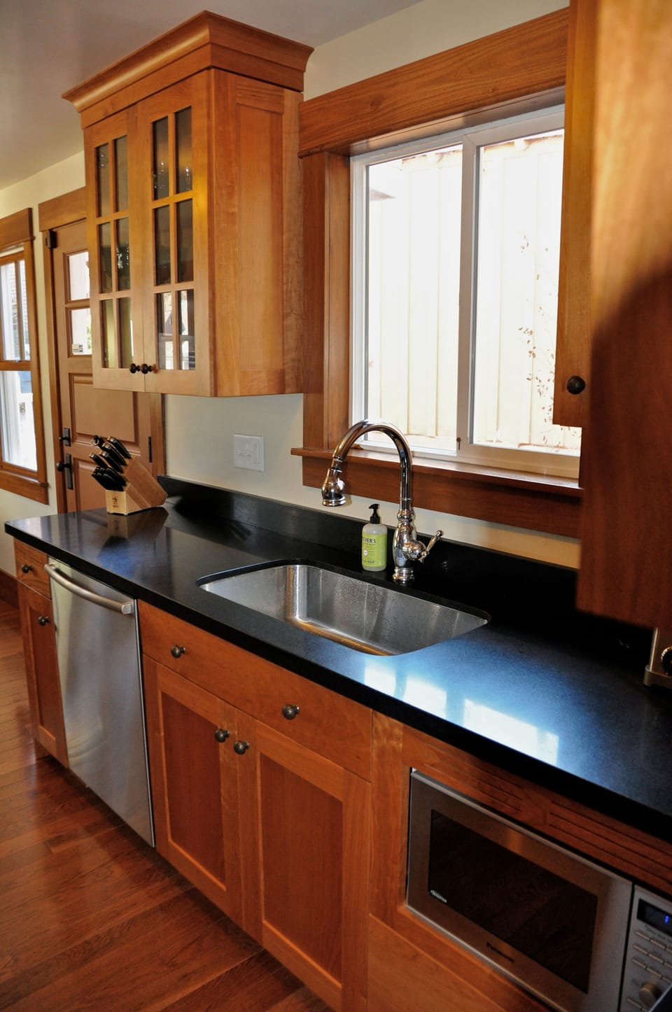 Remodeled kitchen - window looking out to hot tub/garden area