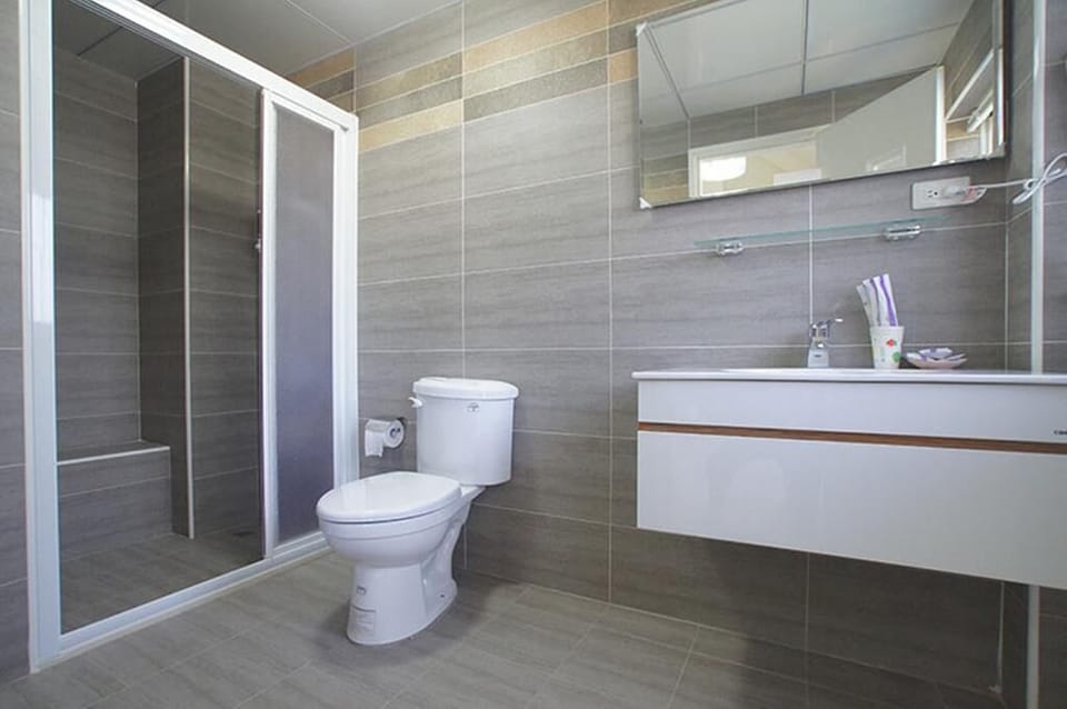 Shower, free toiletries, hair dryer, slippers