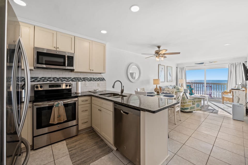 Luxurious updated kitchen with beautiful granite countertops.