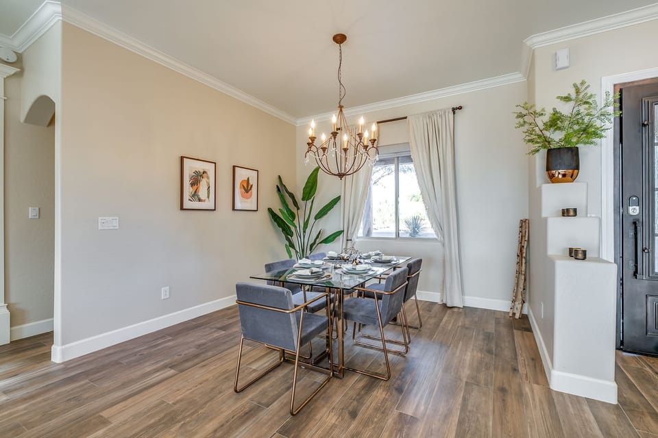 The Dining Room is right off the kitchen and main entrance. The table seats 6.