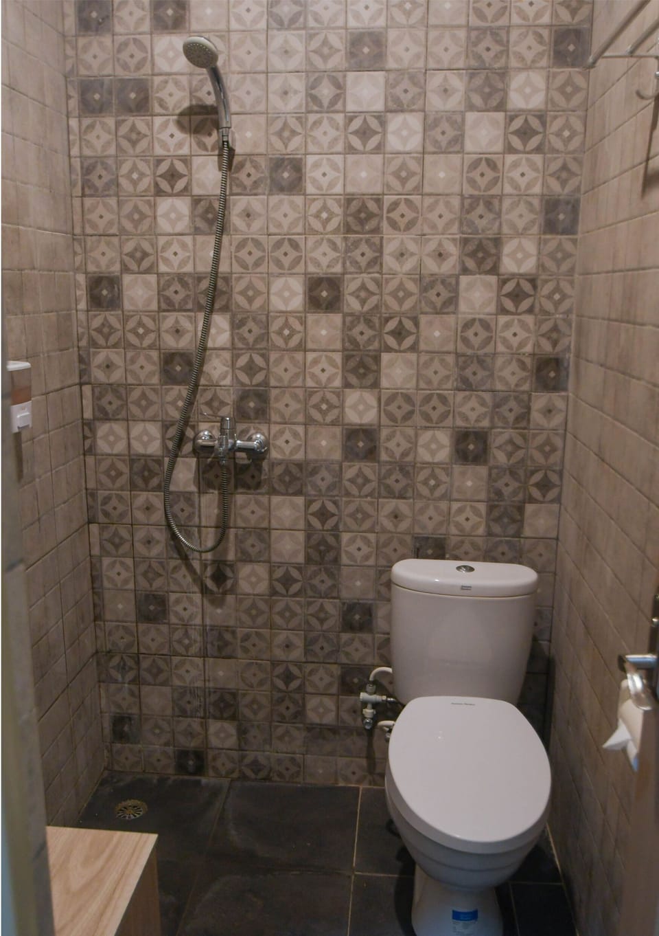 Shower, slippers, towels, soap