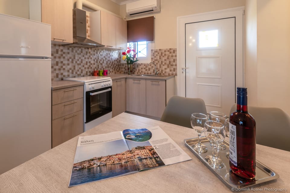 Full-size fridge, oven, stovetop, coffee/tea maker