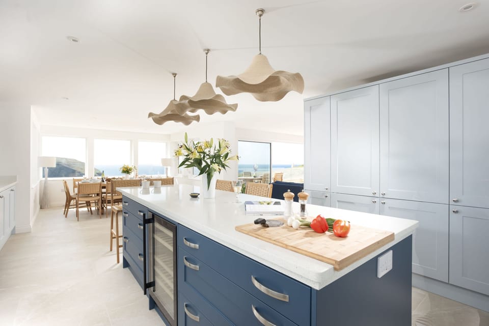 Westerley, Portreath. The contemporary kitchen flows seamlessly into the spacious dining room