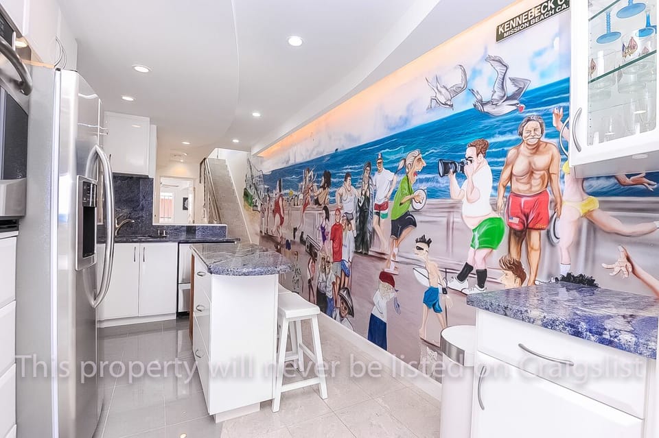 Kitchen w/beach mural in the background