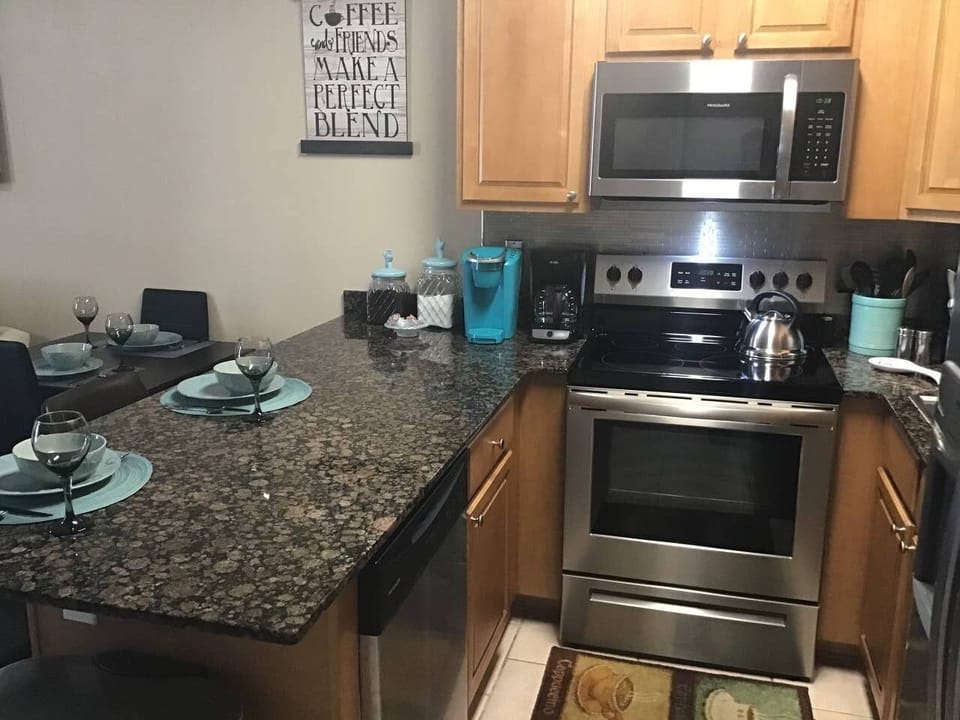 Fully equipped kitchen both drip and Keurig coffee makers.