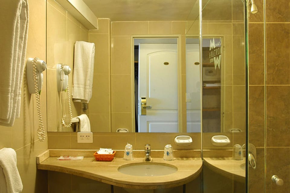 Combined shower/tub, free toiletries, hair dryer, bidet