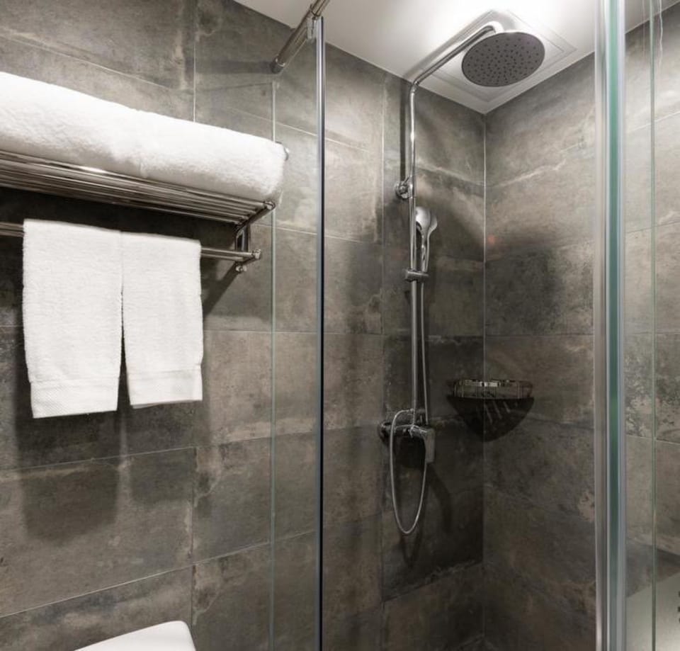 Shower, rainfall showerhead, designer toiletries, hair dryer