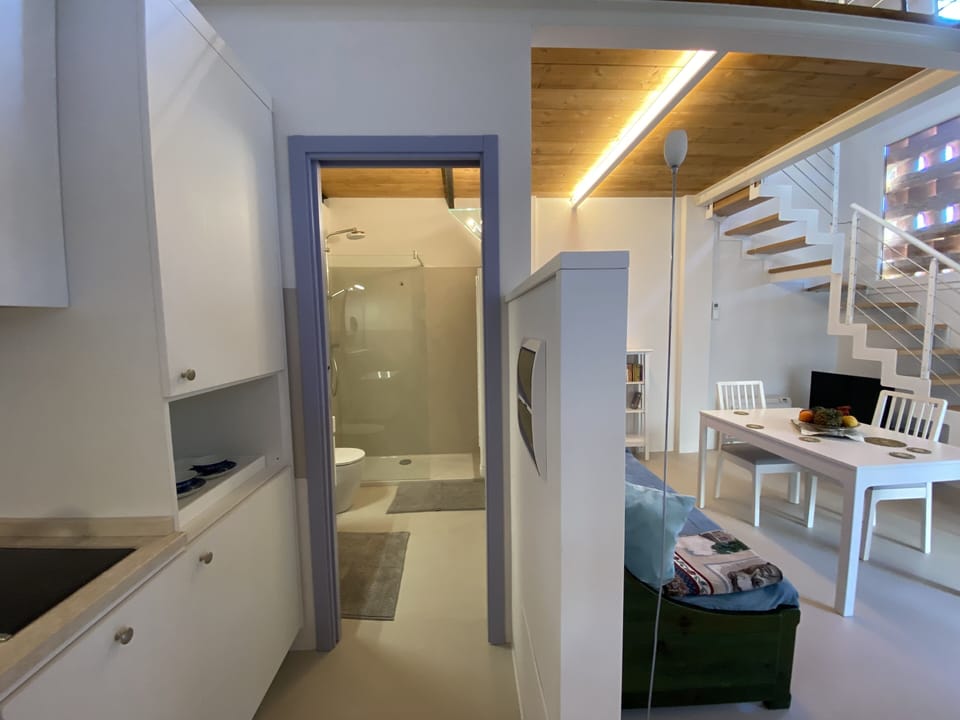 Main space with kitchenette and bathroom (left) + living room 